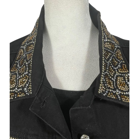 Size XL Black Denim Jean Jacket Animal Print  Embellished Bling Collar - Picture 5 of 11